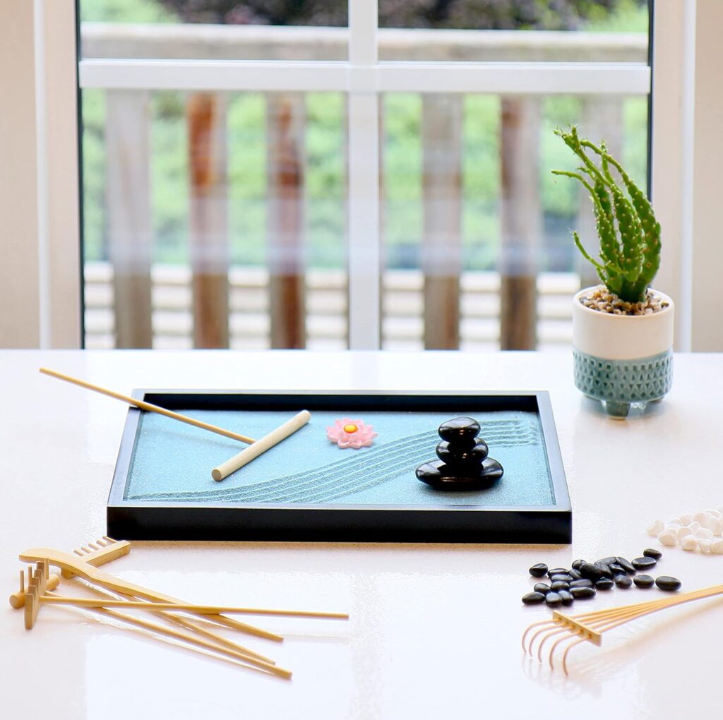 Oasis of Calm Zen Garden Kit. 11x8 Beautiful Premium Japanese Decor Mini Rock Garden Meditation Gifts Set. Home, Office Desk Accessories. Zen Decor Zen Sand Garden. Aqua Blue Sand, 6 Tools, 6 Feature