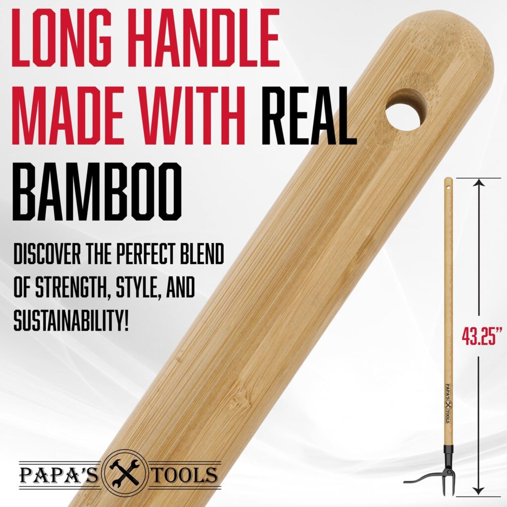 Papas Weeder - Stand Up Weed Puller Tool Made with Long Wooden Handle - Real Bamboo  4-Claw Steel Head - Easly Remove Weeds Effortlessly Without The Need to Tug, Bend, Or Flex,