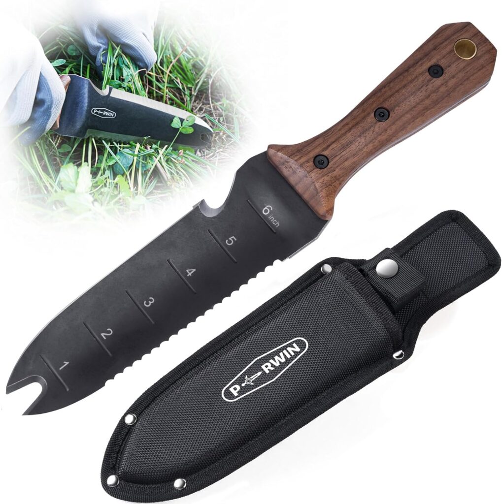 PERWIN Hori Hori Garden Knife, Garden Tools with Sheath for Weeding,Planting,Digging, 7 Stainless Steel Blade with Cutting Edge, Full-Tang walnut Wood Handle with Hanging Hole