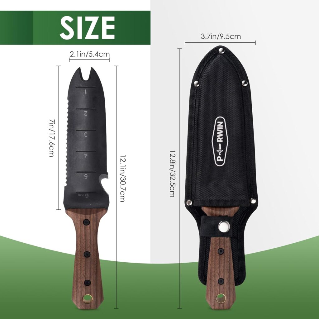 PERWIN Hori Hori Garden Knife, Garden Tools with Sheath for Weeding,Planting,Digging, 7 Stainless Steel Blade with Cutting Edge, Full-Tang walnut Wood Handle with Hanging Hole