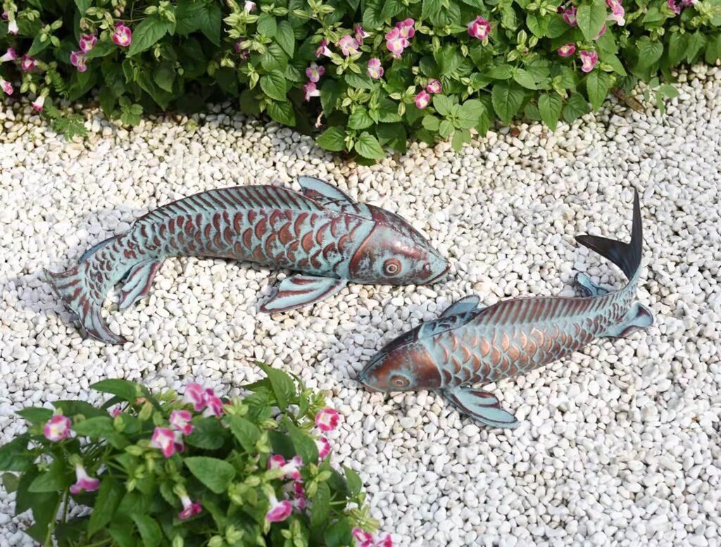 Set of 2 Koi Fish Sculpture for Outdoor, Statue Ornament, Metal Copper Garden Art, Patio, Yard, Lawn, Pond and Home Decoration