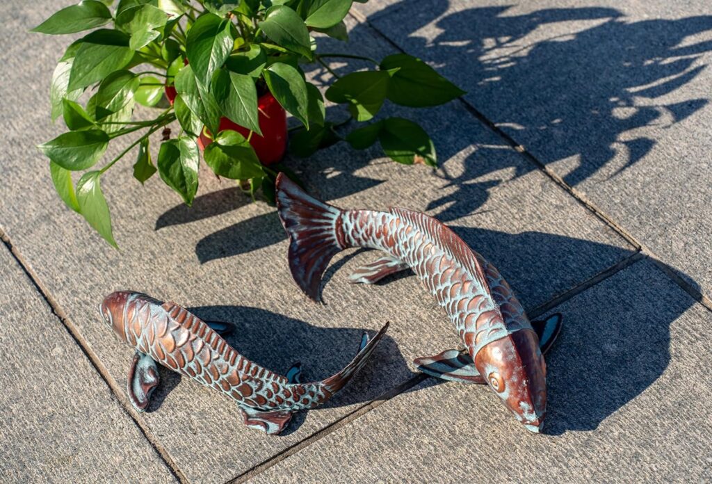 Set of 2 Koi Fish Sculpture for Outdoor, Statue Ornament, Metal Copper Garden Art, Patio, Yard, Lawn, Pond and Home Decoration