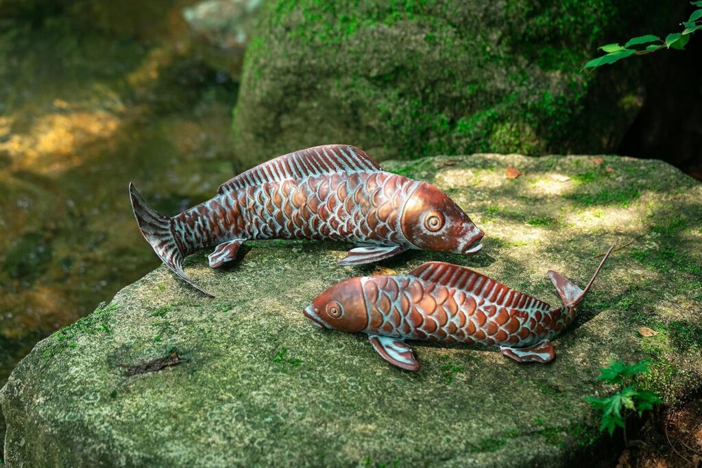 Set of 2 Koi Fish Sculpture for Outdoor, Statue Ornament, Metal Copper Garden Art, Patio, Yard, Lawn, Pond and Home Decoration