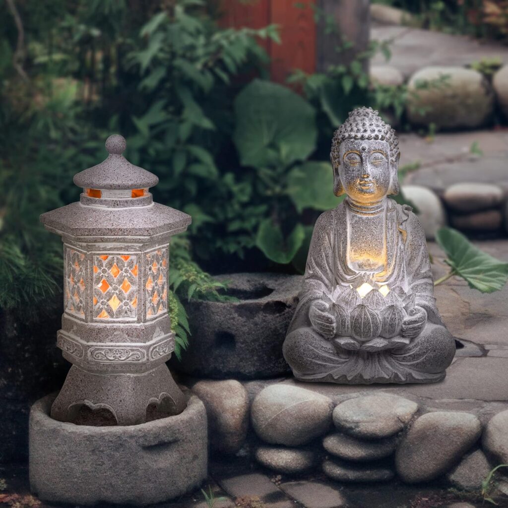 TERESAS COLLECTIONS Pagoda Garden Statues with Solar Lights, Resin Zen Garden Lantern Asian Decor Outdoor Statues Yard Ornaments for Landscape Patio Porch Lawn Decorations, 12.6 (Stone Finish)