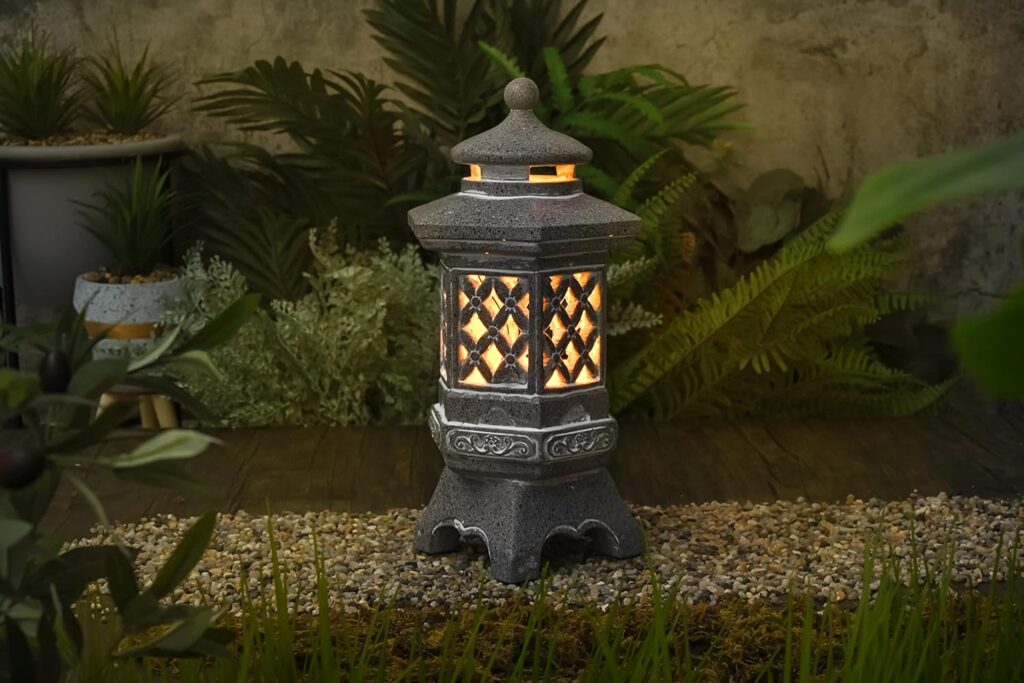 TERESAS COLLECTIONS Pagoda Garden Statues with Solar Lights, Resin Zen Garden Lantern Asian Decor Outdoor Statues Yard Ornaments for Landscape Patio Porch Lawn Decorations, 12.6 (Stone Finish)