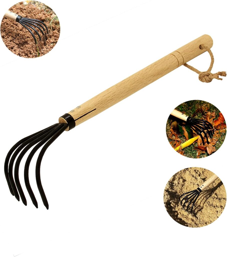 XFJTECH 15 Garden Rake Military Grade Steel Japanese Ninja 5 Tines Cultivator Ergonomic Wooden Handle Claw Rake for Perfect Pulverized and Aerated Soil Combing Leaves Weeding Dig Seafood