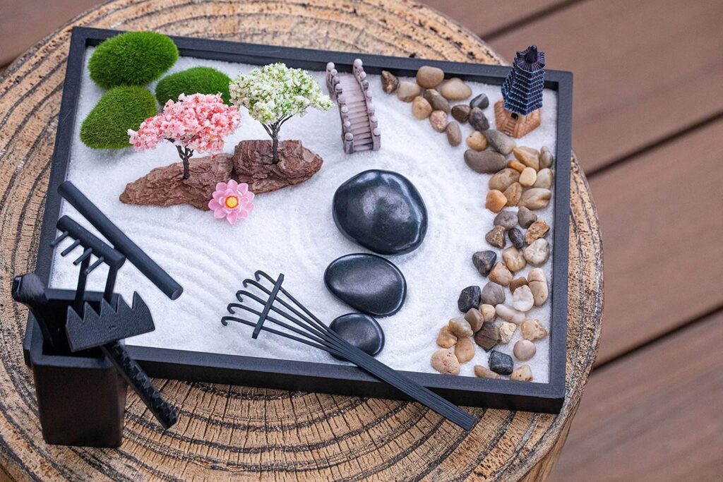 Zen Garden Kit for Desk – 21pc. Japanese Zen Sand Garden for Home, Office Desktop, Gift, Therapy, Relaxation  Meditation Mini Decor Set– 11x8in. Large Sand Tray, Rocks, Black Rake Tools  Accessories