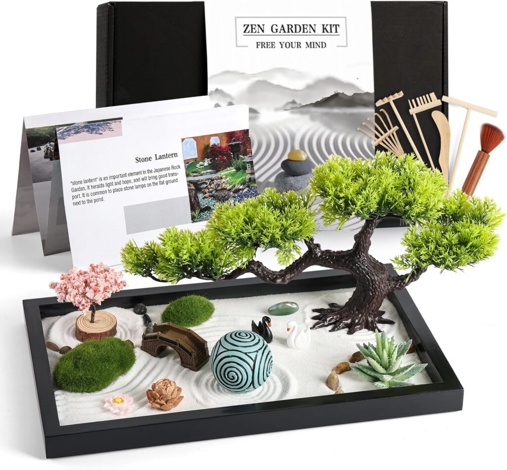 Zen Garden Kit for Desk Decor - Premium Beautiful Japanese Mini Zen Sand Garden Box Set for Home, Office with Black Wooden Tray, White Sand, Tools, Sandball - Desktop Meditation, Accessories