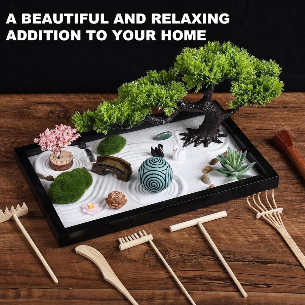 Zen Garden Kit for Desk Decor - Premium Beautiful Japanese Mini Zen Sand Garden Box Set for Home, Office with Black Wooden Tray, White Sand, Tools, Sandball - Desktop Meditation, Accessories