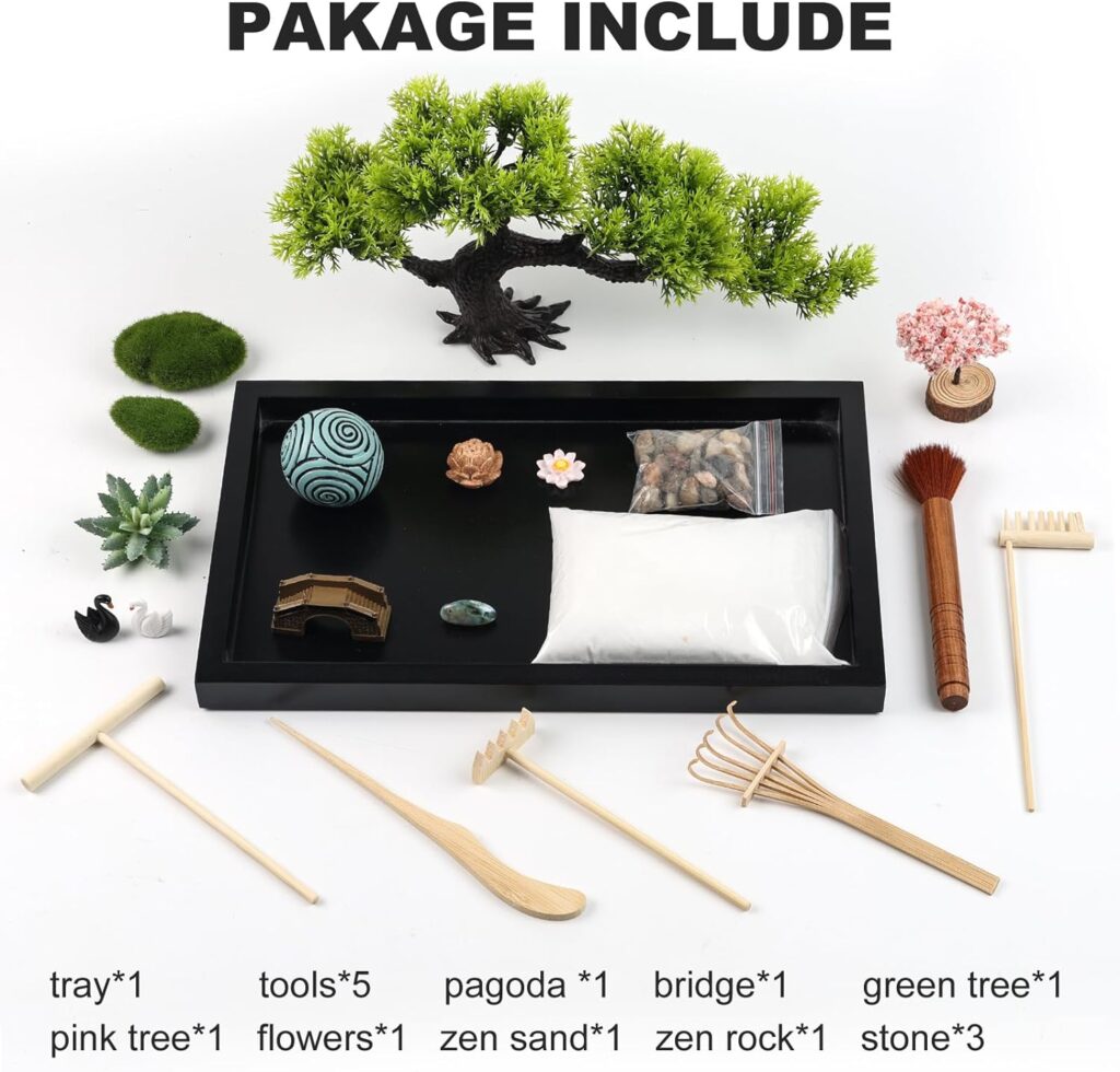 Zen Garden Kit for Desk Decor - Premium Beautiful Japanese Mini Zen Sand Garden Box Set for Home, Office with Black Wooden Tray, White Sand, Tools, Sandball - Desktop Meditation, Accessories