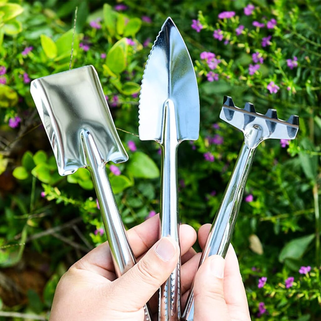 3 Pieces Mini Garden Plant Tool Set Stainless Steel Small Shovel Rake Spade Gardening Kit Lightweight Hand Trowel Transplant Trowel Hand Rake for Loose Succulents Potted Flower Seedling Soil