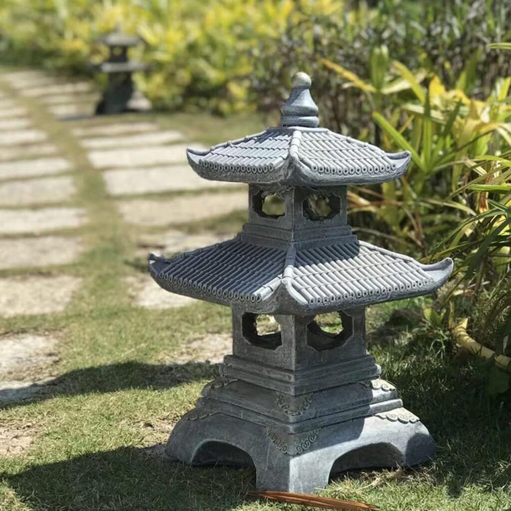 Buokaiw Outdoor Zen Garden Lantern Pagoda,2 Tier Pagoda Lantern Garden Statue,Pagoda Lantern Japanese Style.for Zen Lawn Garden Decoration and Christmas Ornament(Dark Gray)