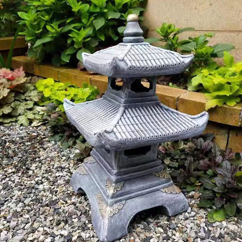 Buokaiw Outdoor Zen Garden Lantern Pagoda,2 Tier Pagoda Lantern Garden Statue,Pagoda Lantern Japanese Style.for Zen Lawn Garden Decoration and Christmas Ornament(Dark Gray)