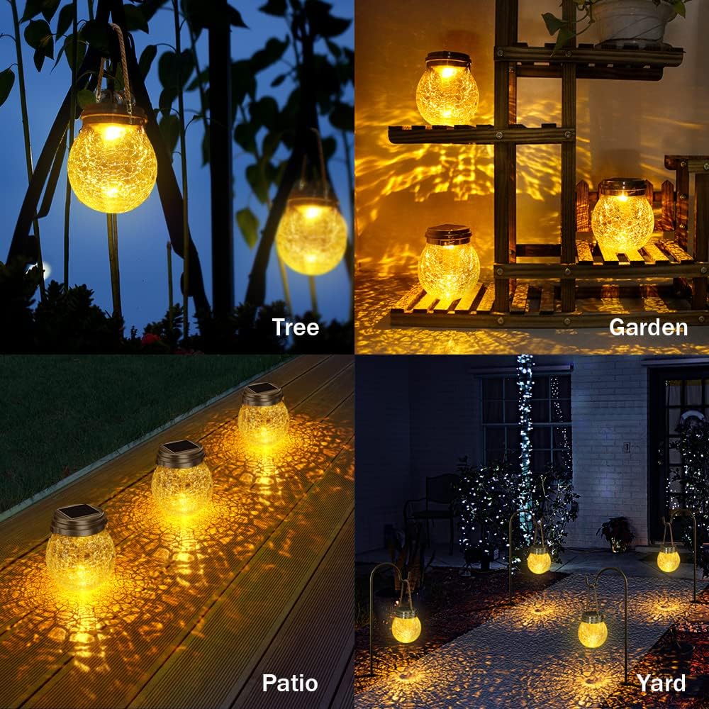 DBF Solar Lantern Crackle Glass Ball, Amber Warm Solar Lanterns Outdoor Waterproof Solar Garden Decor Patio Lights with 2 Modes Hanging Solar Lights Outdoor Decorative Lantern,2 Pack