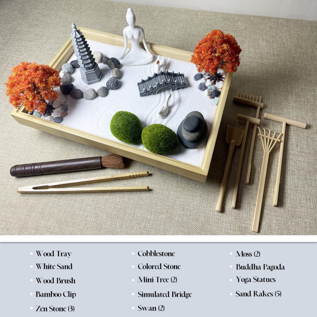 DIY Zen Garden Kit for Office Desk Decor, Mini Sand Box Set for Meditation, Gift for Wife, Mother, Girl Friend, Grandmother - Include Artificial Tree, Buddha, Pagoda, Stone.. (Log Zen Garden)