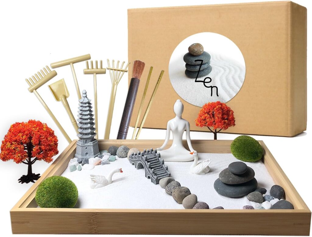 DIY Zen Garden Kit for Office Desk Decor, Mini Sand Box Set for Meditation, Gift for Wife, Mother, Girl Friend, Grandmother - Include Artificial Tree, Buddha, Pagoda, Stone.. (Log Zen Garden)