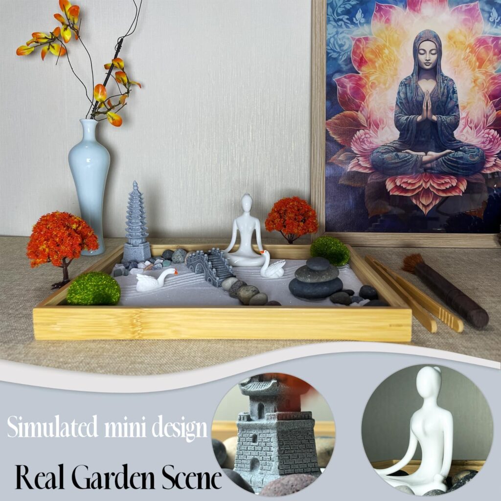 DIY Zen Garden Kit for Office Desk Decor, Mini Sand Box Set for Meditation, Gift for Wife, Mother, Girl Friend, Grandmother - Include Artificial Tree, Buddha, Pagoda, Stone.. (Log Zen Garden)