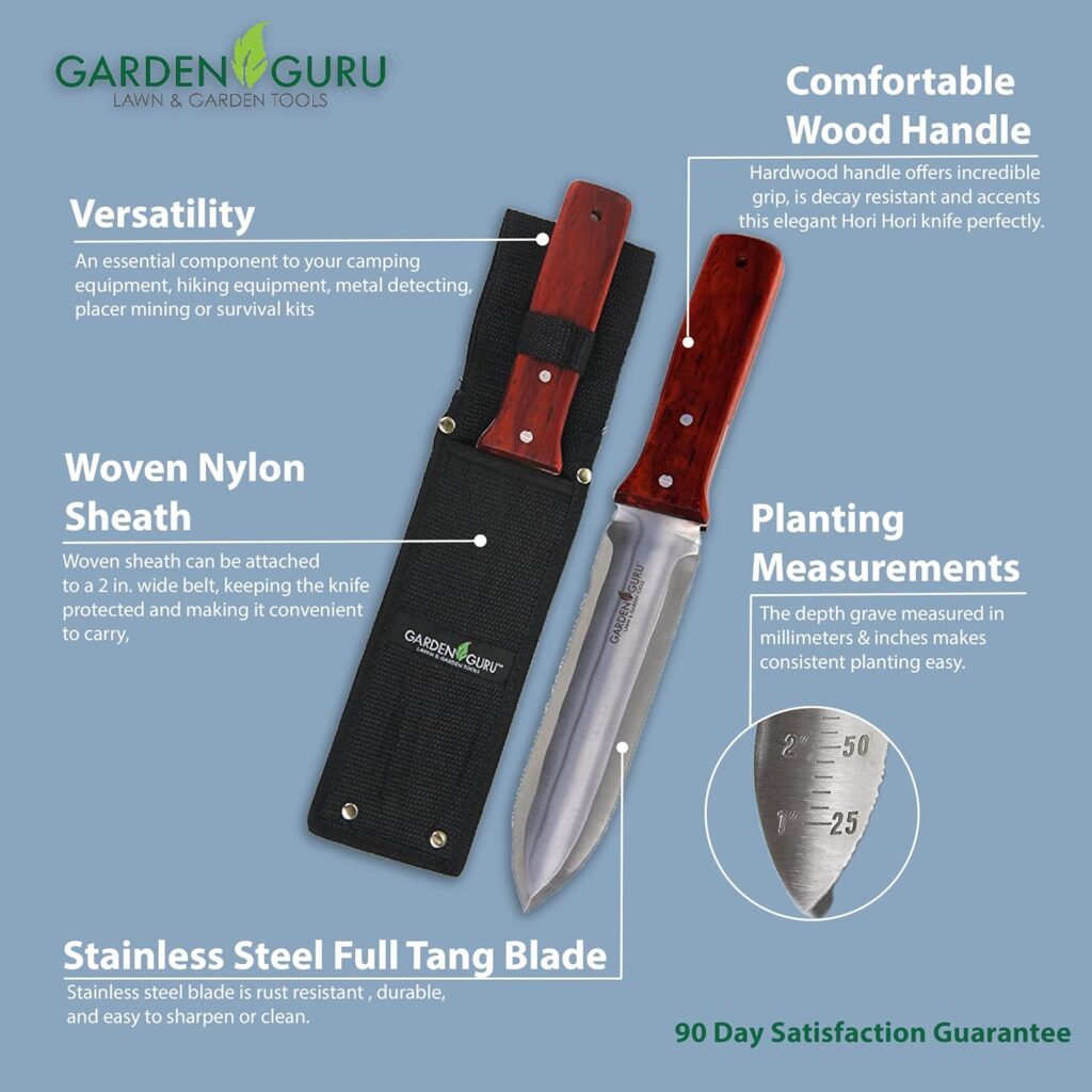 Garden Guru Hori Hori Gardening Knife for Weeding, Digging, Pruning, and Cultivating - Stainless Steel Full Tang Blade | Marks for Measuring Planting Depth