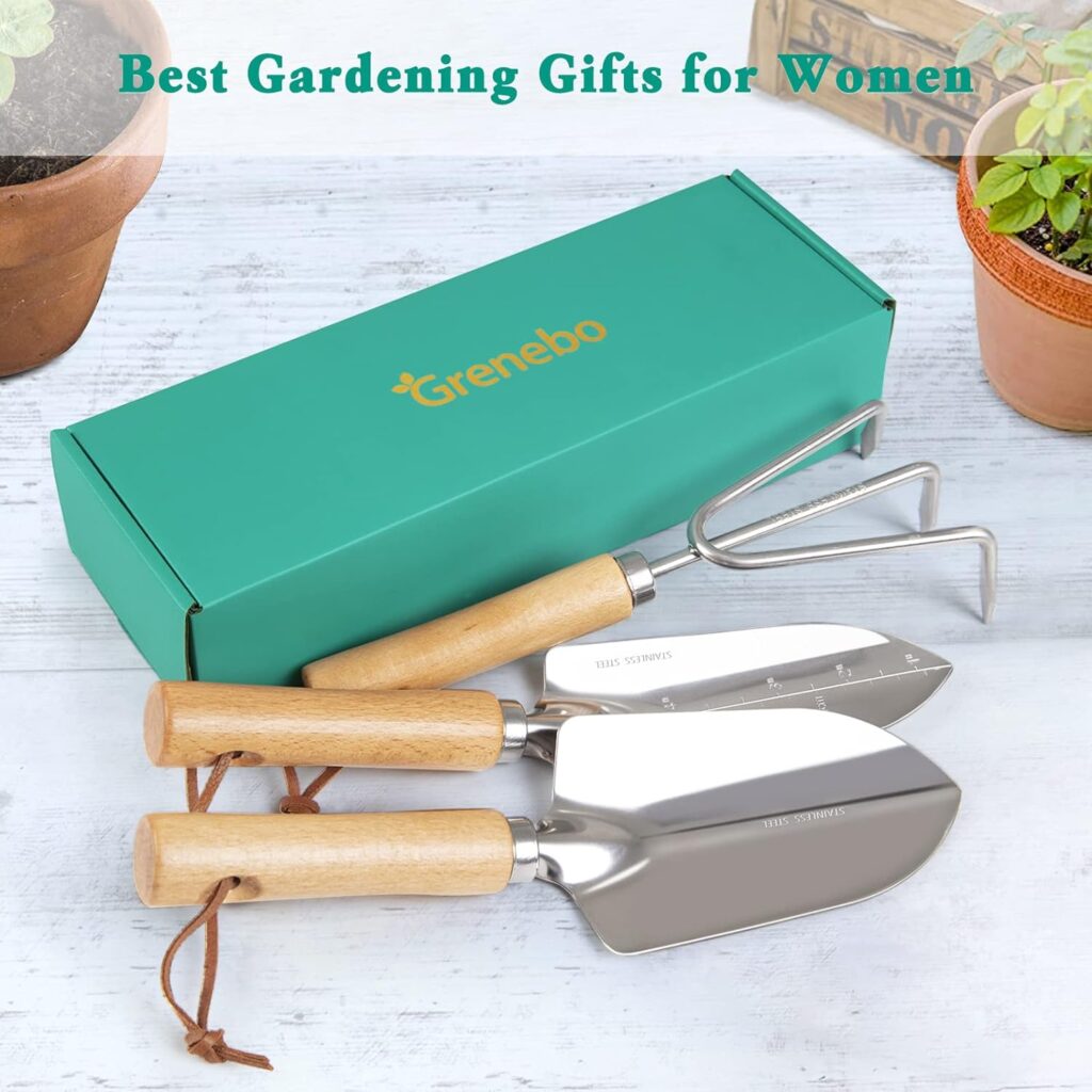 Garden Tools Set,3 Pieces Gardening Tools with Wood Handle,Stainless Steel Gardening Kit Garden Shovel Garden Rake Garden Trowel,Ideal Gardening Gifts for Women