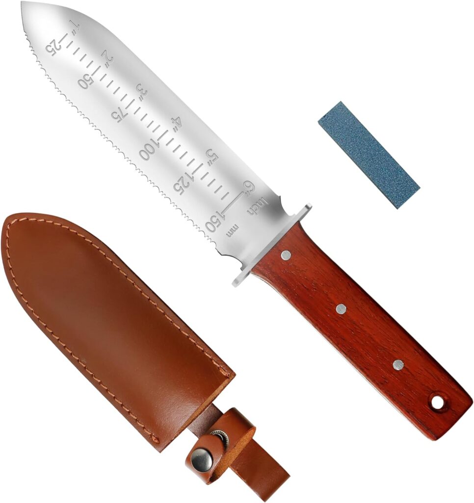 GARTOL Hori Hori Garden Knife for Weeding  Digging, with Sharpening Whetstone, Cowhide Protective Sheath, Japanese Steel Blade, and Full Tang Wood Handle, Makes a Great Gardening Tools Gift