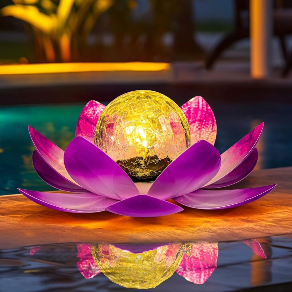 GIGALUMI Solar Light Outdoor Garden Decor, Lotus Flower Light Crackle Globe Glass Lantern Outdoor Table Decor Waterproof for Patio, Lawn, Pathway, Pool, Pond, (Pink Petal)