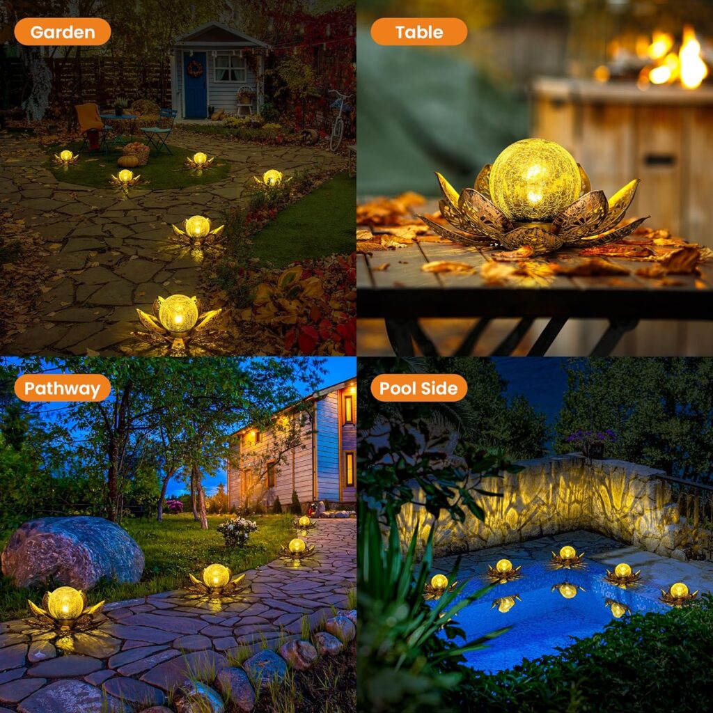 GIGALUMI Solar Light Outdoor Garden Decor, Lotus Flower Light Crackle Globe Glass Lantern Outdoor Table Decor Waterproof for Patio, Lawn, Pathway, Pool, Pond, (Pink Petal)