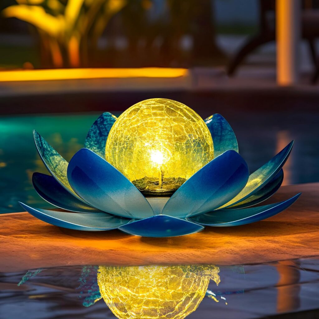 GIGALUMI Solar Light Outdoor Garden Decor, Lotus Flower Light Crackle Globe Glass Lantern Outdoor Table Decor Waterproof for Patio, Lawn, Pathway, Pool, Pond, (Pink Petal)