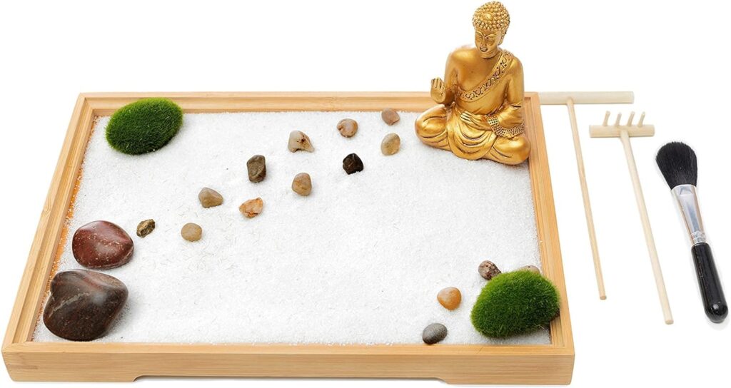 Japanese Decor Desk Zen Garden Kit - 11x8 in - Accessory Tools Included - Rocks, Rake, Brush, Moss - Unique Gift for Men or Women for Office Decor