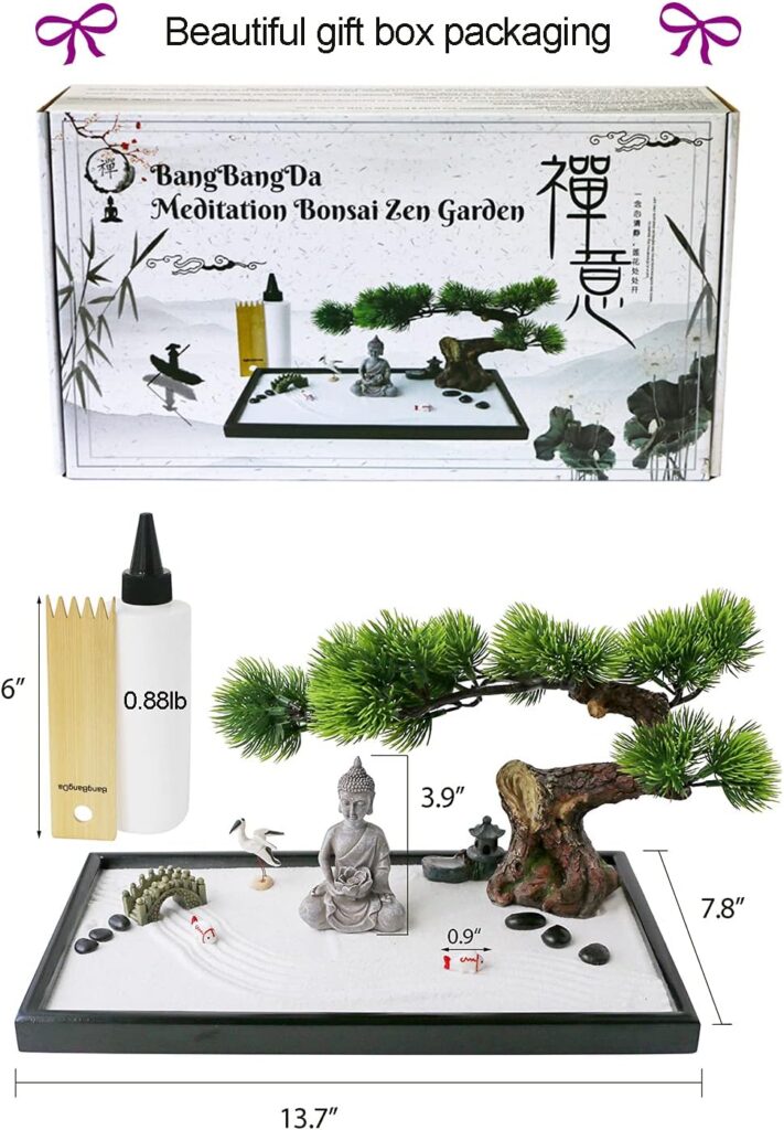 Japanese Tabletop Meditation Zen Garden - Tabletop Rock Sand Meditating Sandbox for Birthday Gift Bamboo Rakes Bonsai Tree Plant Pagoda Accessories Tools Kits Office Home Desktop Relaxation Decor