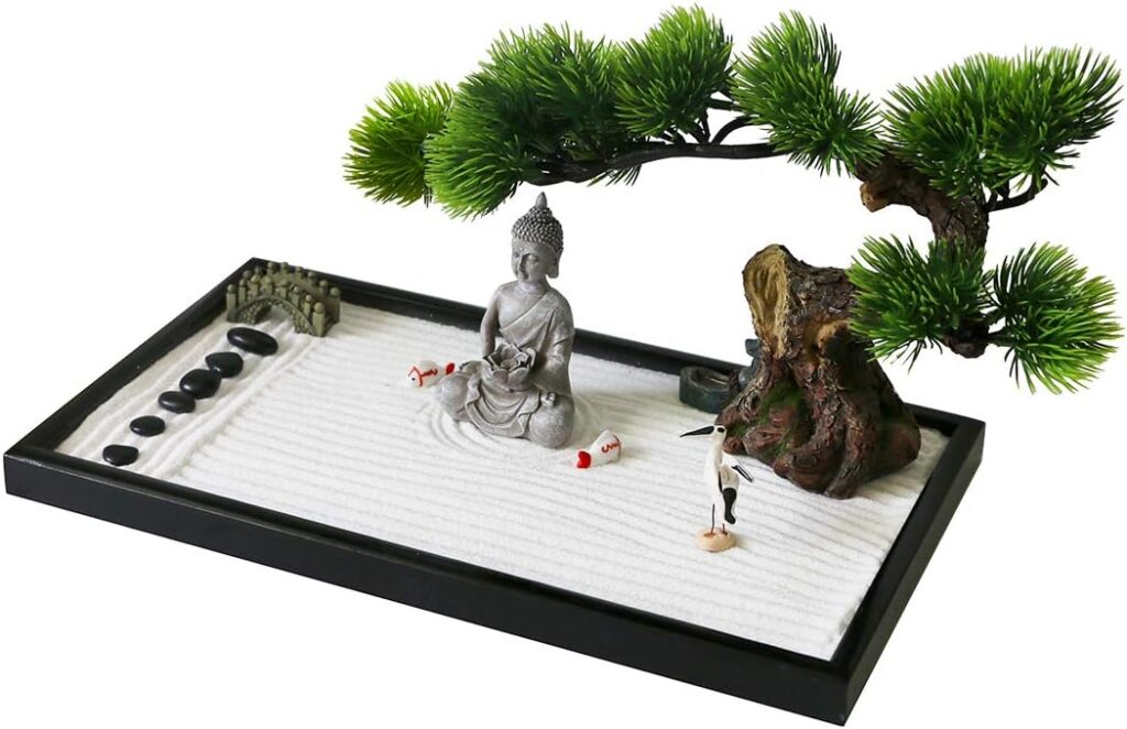 Japanese Tabletop Meditation Zen Garden - Tabletop Rock Sand Meditating Sandbox for Birthday Gift Bamboo Rakes Bonsai Tree Plant Pagoda Accessories Tools Kits Office Home Desktop Relaxation Decor