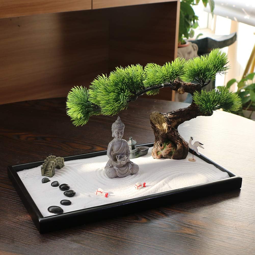 Japanese Tabletop Meditation Zen Garden - Tabletop Rock Sand Meditating Sandbox for Birthday Gift Bamboo Rakes Bonsai Tree Plant Pagoda Accessories Tools Kits Office Home Desktop Relaxation Decor