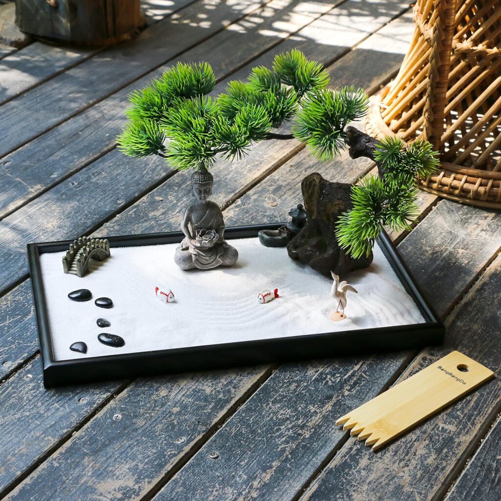 Japanese Tabletop Meditation Zen Garden - Tabletop Rock Sand Meditating Sandbox for Birthday Gift Bamboo Rakes Bonsai Tree Plant Pagoda Accessories Tools Kits Office Home Desktop Relaxation Decor