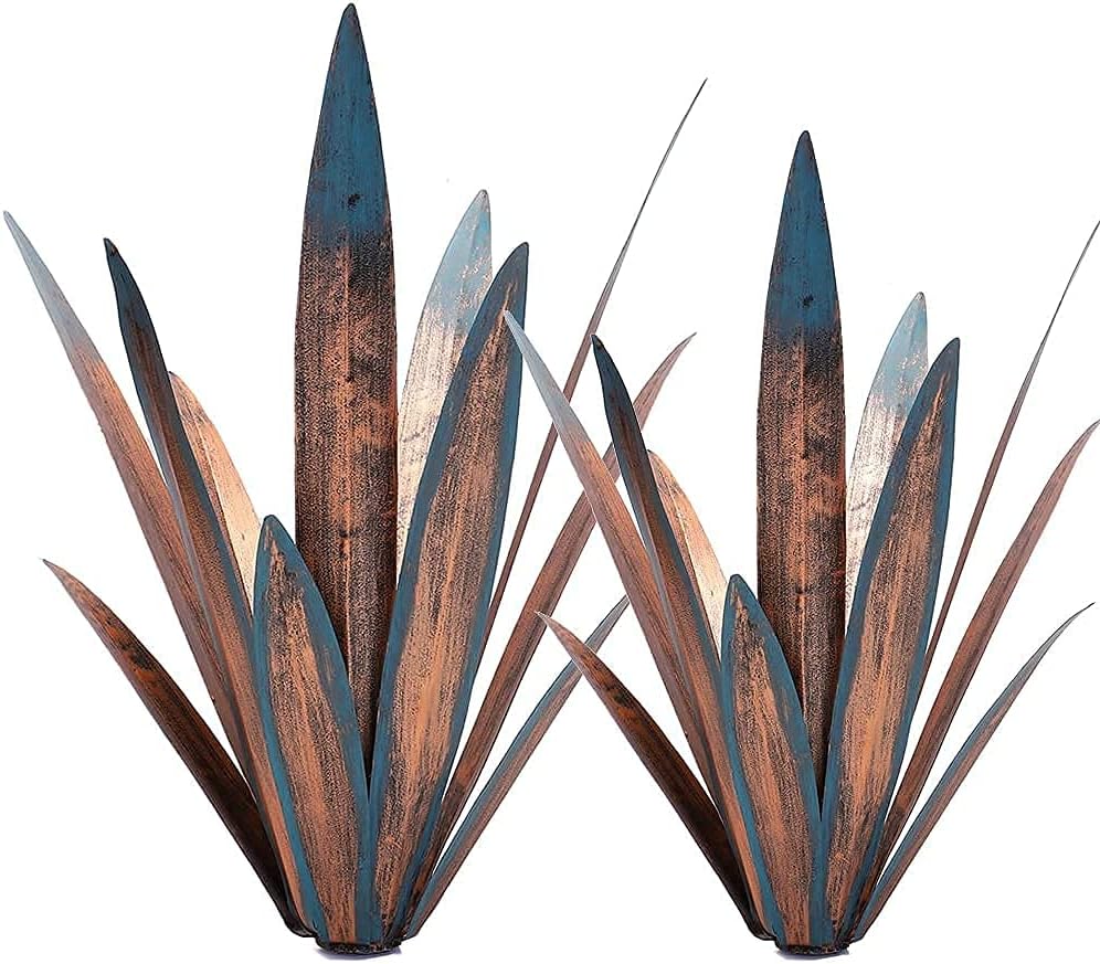 Jesokiibo 2pcs Tequila Rustic Sculpture DIY Metal Agave Plant Home Decor Rustic Hand Painted Metal Agave Garden Ornaments Outdoor Decor Figurines Home Yard Decorations Stakes Lawn Ornaments…