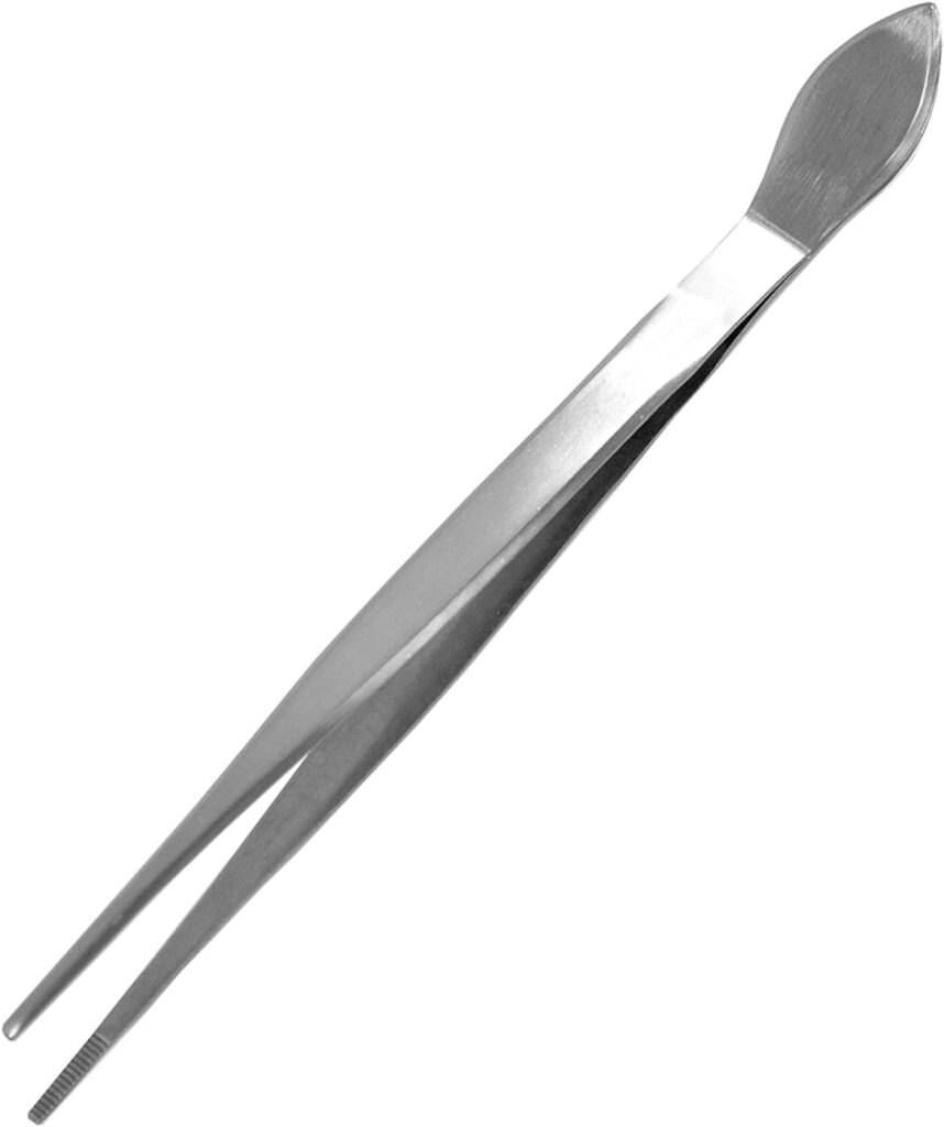 KAKURI Bonsai Tweezers Straight Serrated Tips with Spatula 8.8 Professional Bonsai Tool, Japanese Stainless Steel, Silver, Made in JAPAN