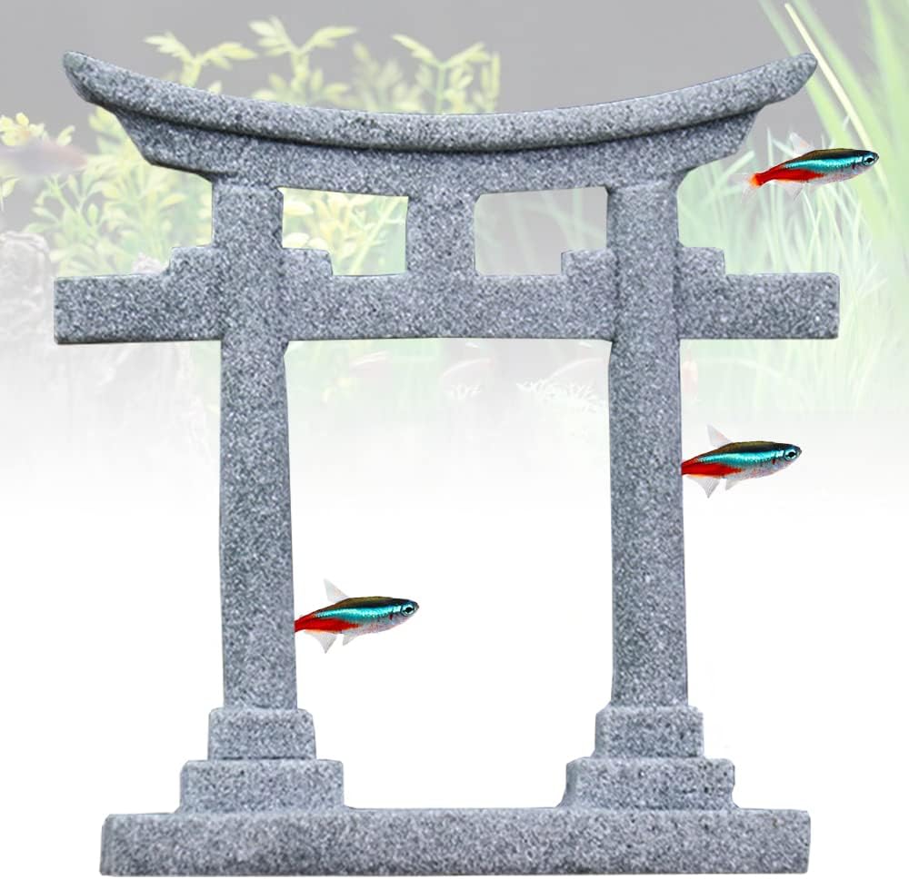 livelyfish Japanese Shinto Torii Gate Fish Tank Decorations Asian Aquarium Statue Decor Japan Shrine Oriental Pagoda Bridge Sandstone Ornament Betta Fish Decorations for Tanks, Grey, S