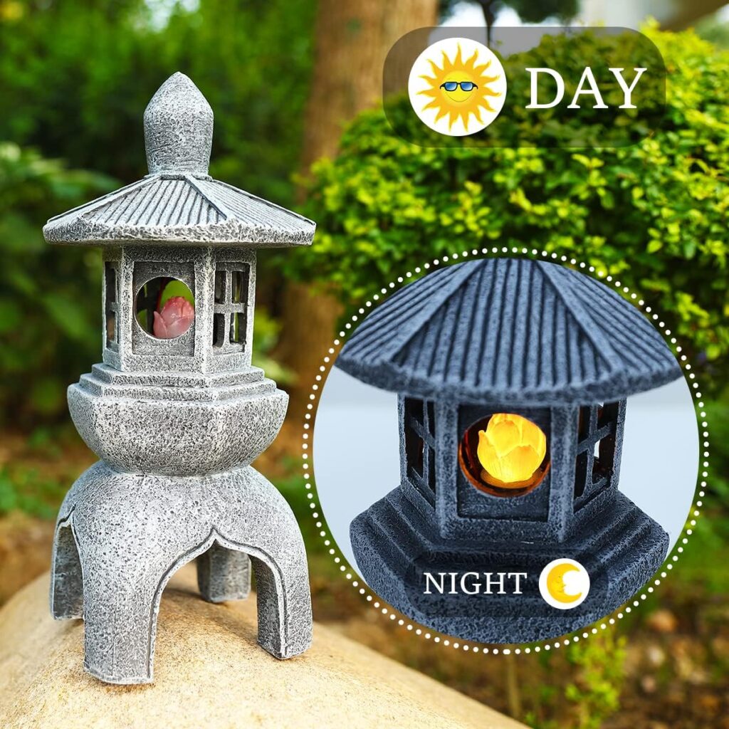 MIBUNG 13H Zen Pagoda Lantern Garden Statue with Solar Lotus Lights, Large Japanese Temple Asian Pagoda Lamp Outdoor Decor, Patio Lawn Yard Pool Pond Porch Home Decorations, Christmas Ornament Gift