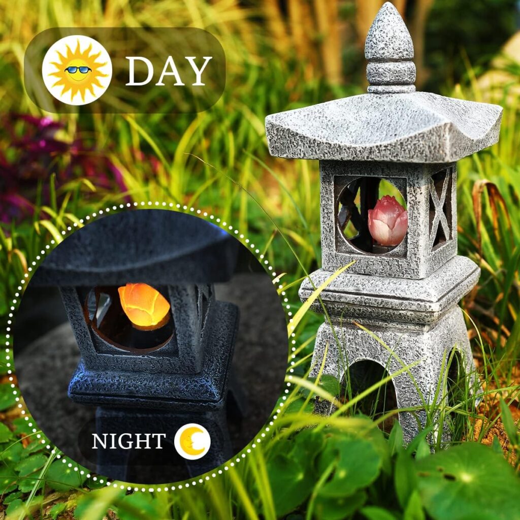 MIBUNG 13H Zen Pagoda Lantern Garden Statue with Solar Lotus Lights, Large Japanese Temple Asian Pagoda Lamp Outdoor Decor, Patio Lawn Yard Pool Pond Porch Home Decorations, Christmas Ornament Gift