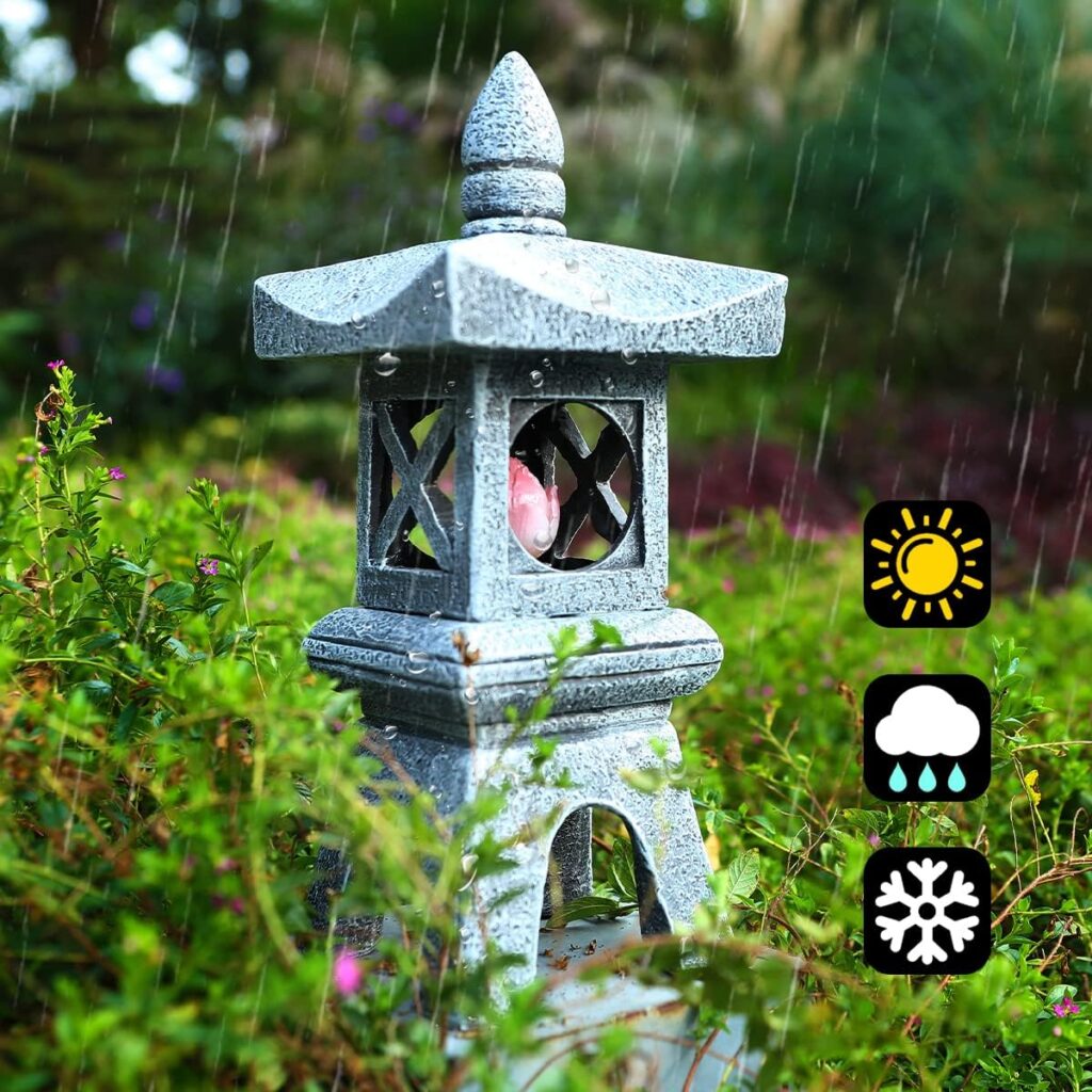 MIBUNG 13H Zen Pagoda Lantern Garden Statue with Solar Lotus Lights, Large Japanese Temple Asian Pagoda Lamp Outdoor Decor, Patio Lawn Yard Pool Pond Porch Home Decorations, Christmas Ornament Gift