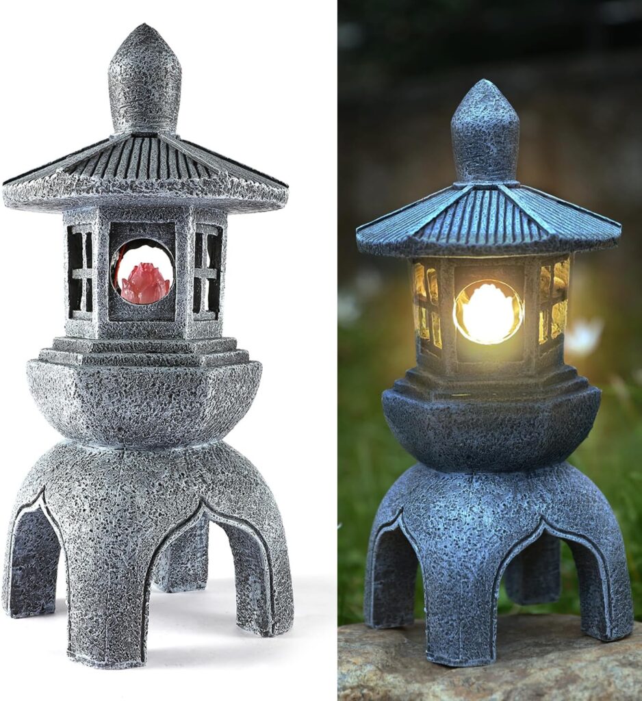 MIBUNG 13H Zen Pagoda Lantern Garden Statue with Solar Lotus Lights, Large Japanese Temple Asian Pagoda Lamp Outdoor Decor, Patio Lawn Yard Pool Pond Porch Home Decorations, Christmas Ornament Gift