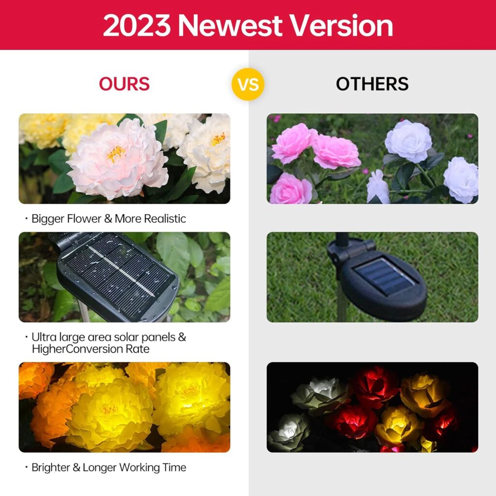 Outdoor Solar Garden Light Yard Decor Garden Decor Solar Flower Lamp Garden Decor Bigger Peony Flower Head Bigger Solar Panel Waterproof Solar Decorative Light for Garden Patio (3 per Box)