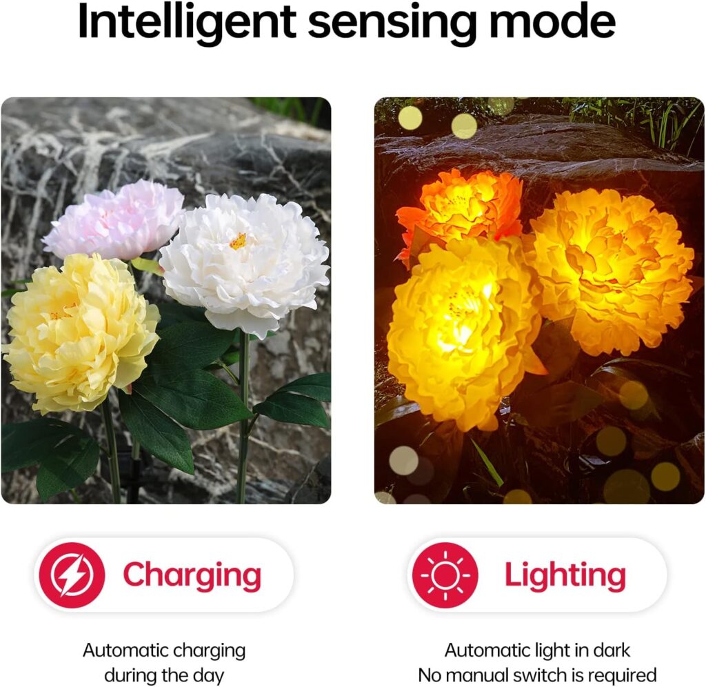 Outdoor Solar Garden Light Yard Decor Garden Decor Solar Flower Lamp Garden Decor Bigger Peony Flower Head Bigger Solar Panel Waterproof Solar Decorative Light for Garden Patio (3 per Box)