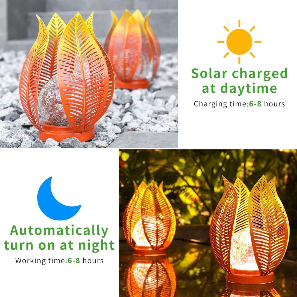 QZGE Solar Garden Lights Waterproof Decorations,Crackle Globe Glass,Metal Palm Leaf Solar Lights for Outdoor Decor On Garden,Patio,Yard,Front Porch,Tabletop Lamp-Perfect Gifts