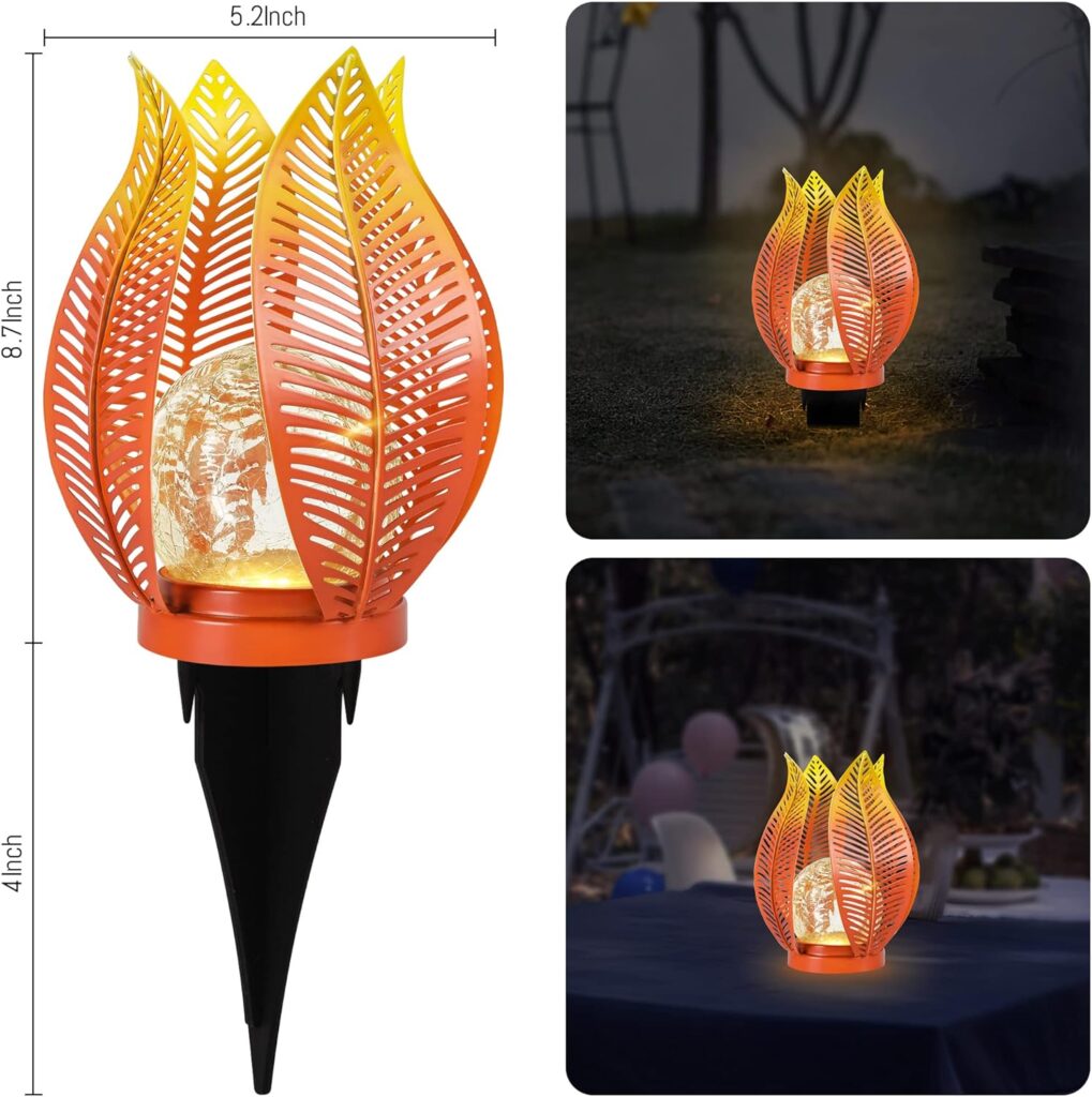 QZGE Solar Garden Lights Waterproof Decorations,Crackle Globe Glass,Metal Palm Leaf Solar Lights for Outdoor Decor On Garden,Patio,Yard,Front Porch,Tabletop Lamp-Perfect Gifts