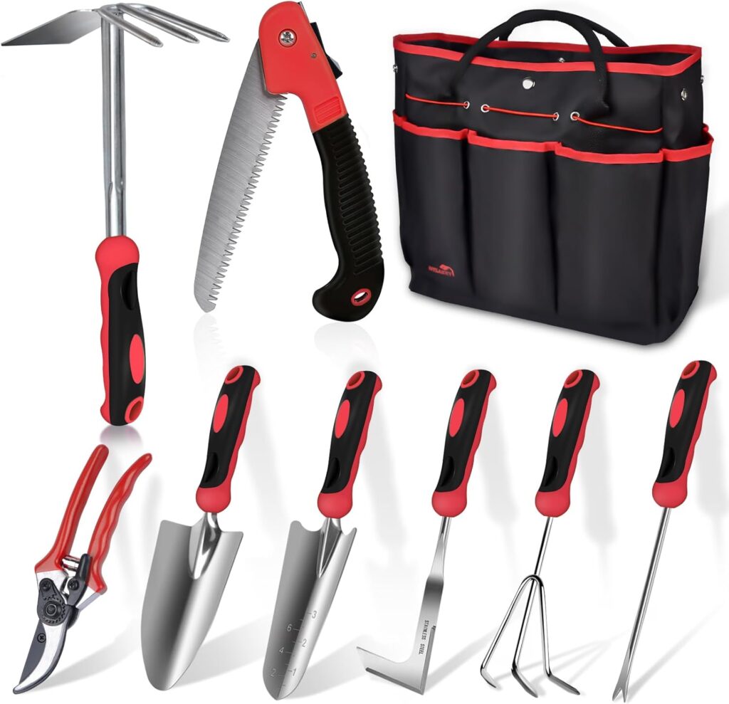 Red Gardening Tools, WisaKey 9 Piece Stainless Steel Heavy Duty Garden Tools, Red Gardening Hand Tools with Non-Slip Ergonomic Handle, Garden Tote Bag, Gardening kit, Gardening Gifts for Women and Men