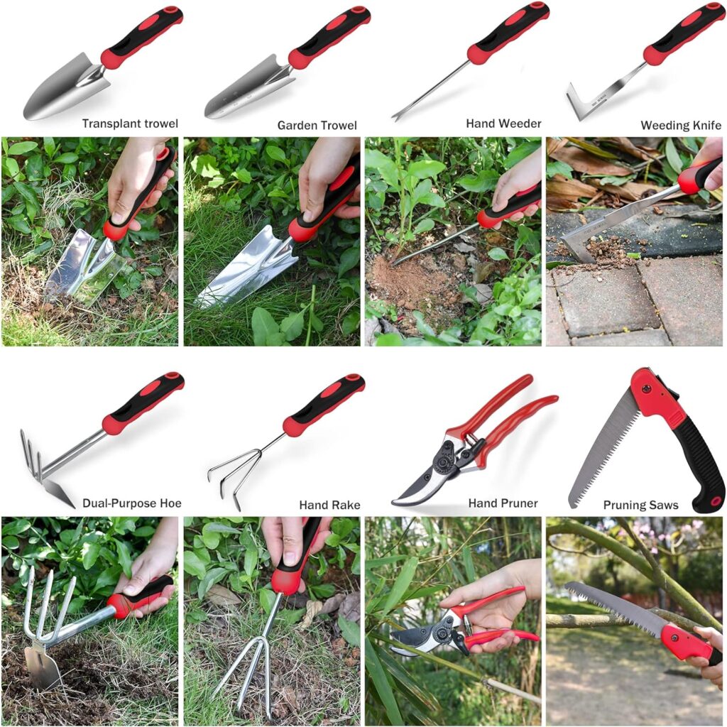 Red Gardening Tools, WisaKey 9 Piece Stainless Steel Heavy Duty Garden Tools, Red Gardening Hand Tools with Non-Slip Ergonomic Handle, Garden Tote Bag, Gardening kit, Gardening Gifts for Women and Men