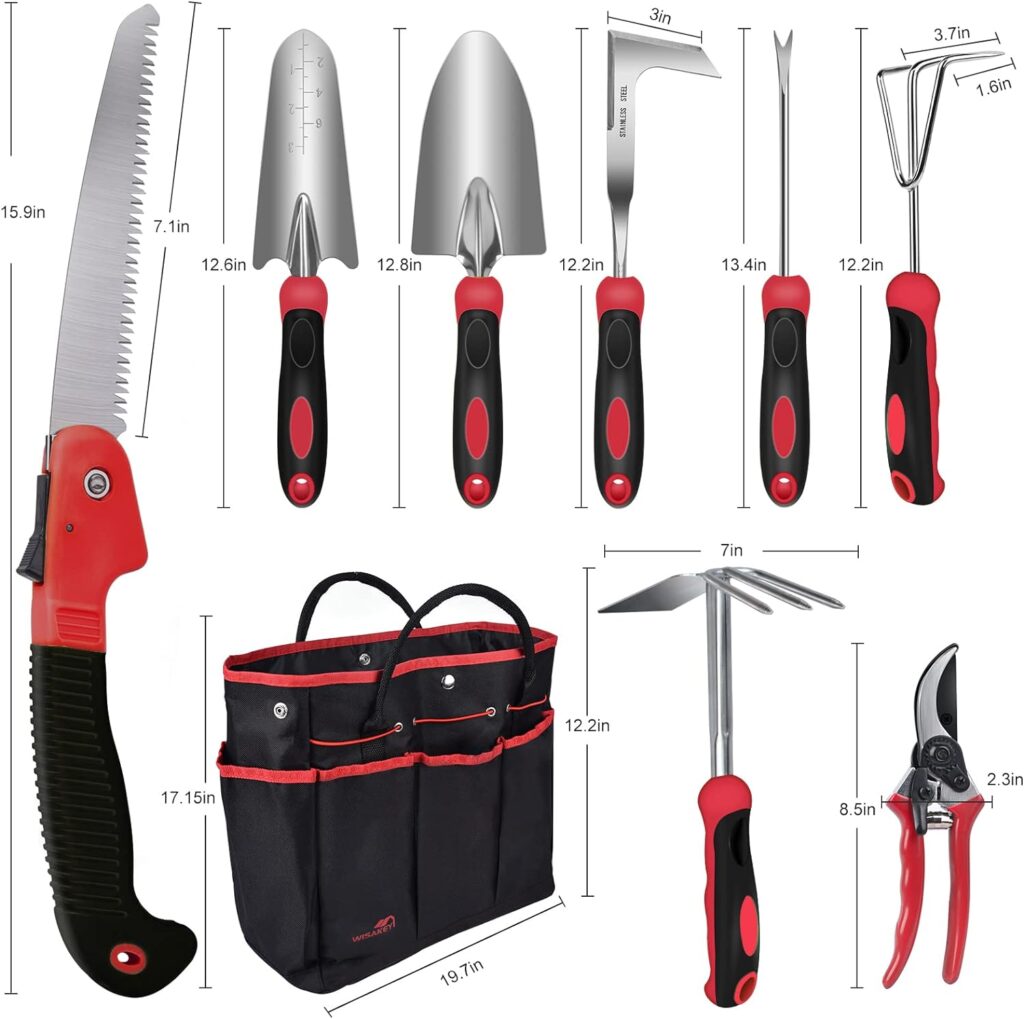 Red Gardening Tools, WisaKey 9 Piece Stainless Steel Heavy Duty Garden Tools, Red Gardening Hand Tools with Non-Slip Ergonomic Handle, Garden Tote Bag, Gardening kit, Gardening Gifts for Women and Men