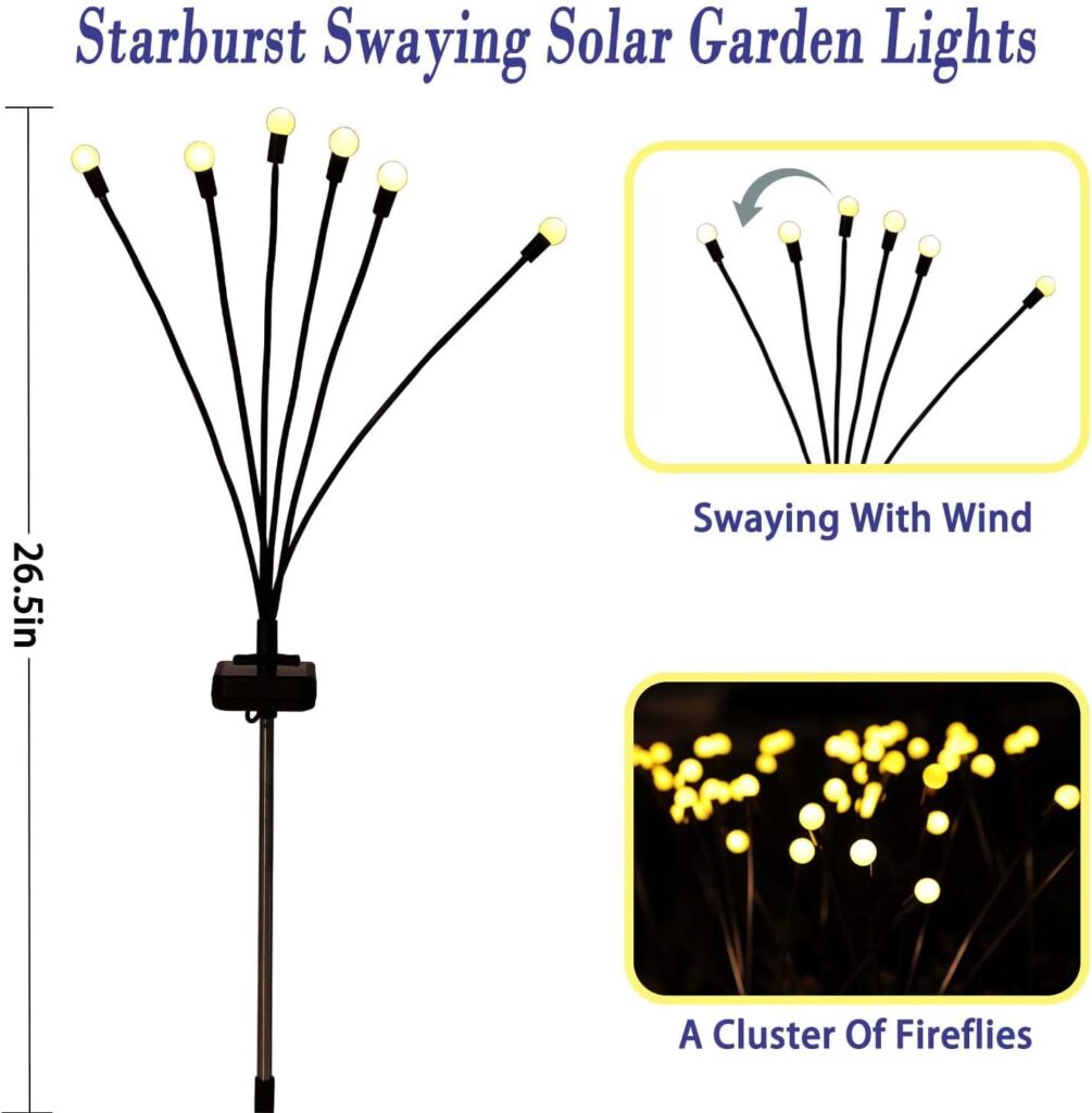 Solar Garden Lights – 4 Pack Solar Firefly Lights, Starburst Swaying Lights, Outdoor Waterproof Garden Decorations for Yard Patio Pathway Lawn Gardening