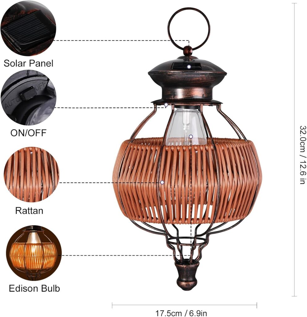 Solar Lanterns Outdoor Waterproof Hanging Rattan Light, Solar Powered Lights for Outside with Handle, Boho Light Fixture Style Wicker Lamp for Garden Patio Yard Porch Gazebo Decor