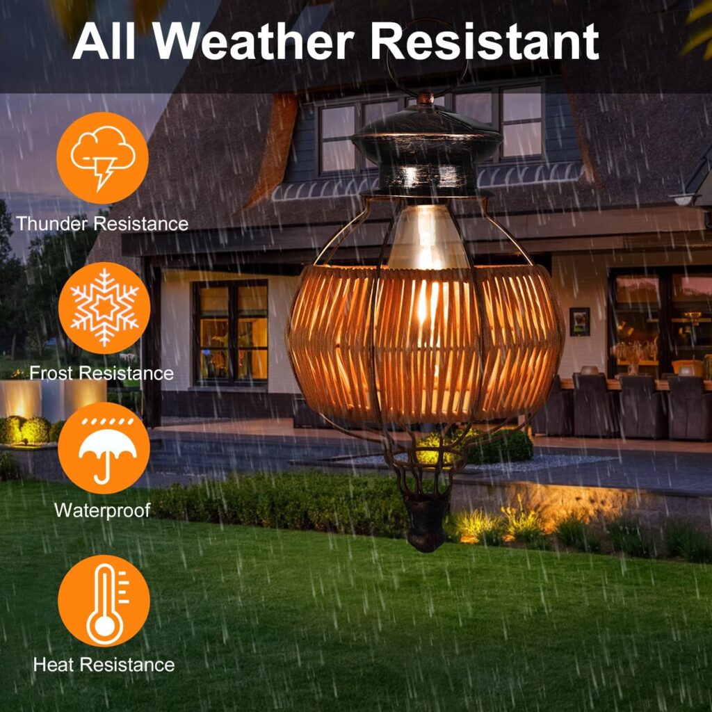 Solar Lanterns Outdoor Waterproof Hanging Rattan Light, Solar Powered Lights for Outside with Handle, Boho Light Fixture Style Wicker Lamp for Garden Patio Yard Porch Gazebo Decor