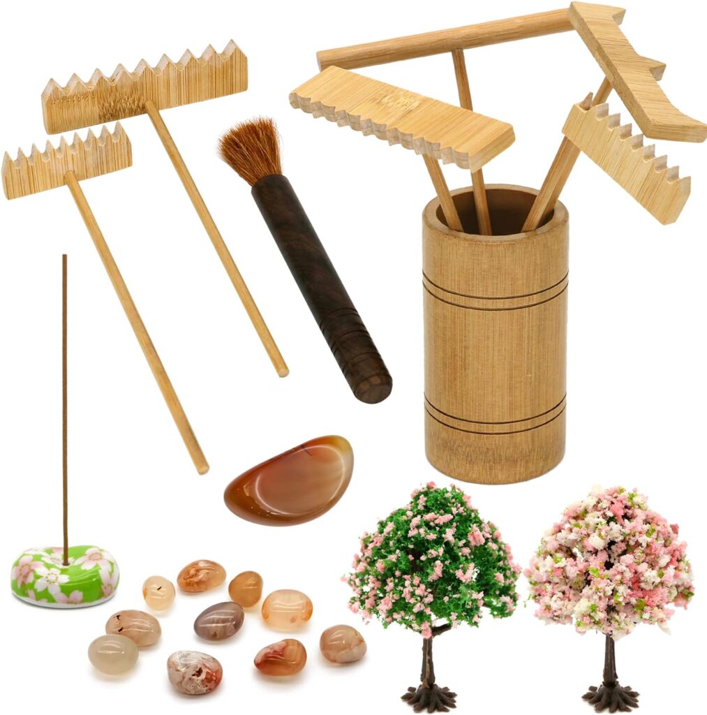 Tabletop Zen Garden Accessories Kit - Japanese Sand Zen Garden Rakes Tools Set,Office Relaxation Gifts with Healing Stones Zen Garden Decor for Man Woman Father Mother Birthday Gifts